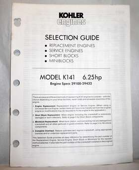 K141 Kohler 6.25hp Printed 8-1984 Engines Model Selection Guide Engine Specs