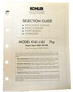 K161-l161 Kohler L161 Printed 8-1984 Engines 7hp Selection Guide Engine Specs 23 Pgs