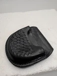 Black Basket, Weave, Leather, Handcuff Case By Gould B85W. Fixed Price $30.00.